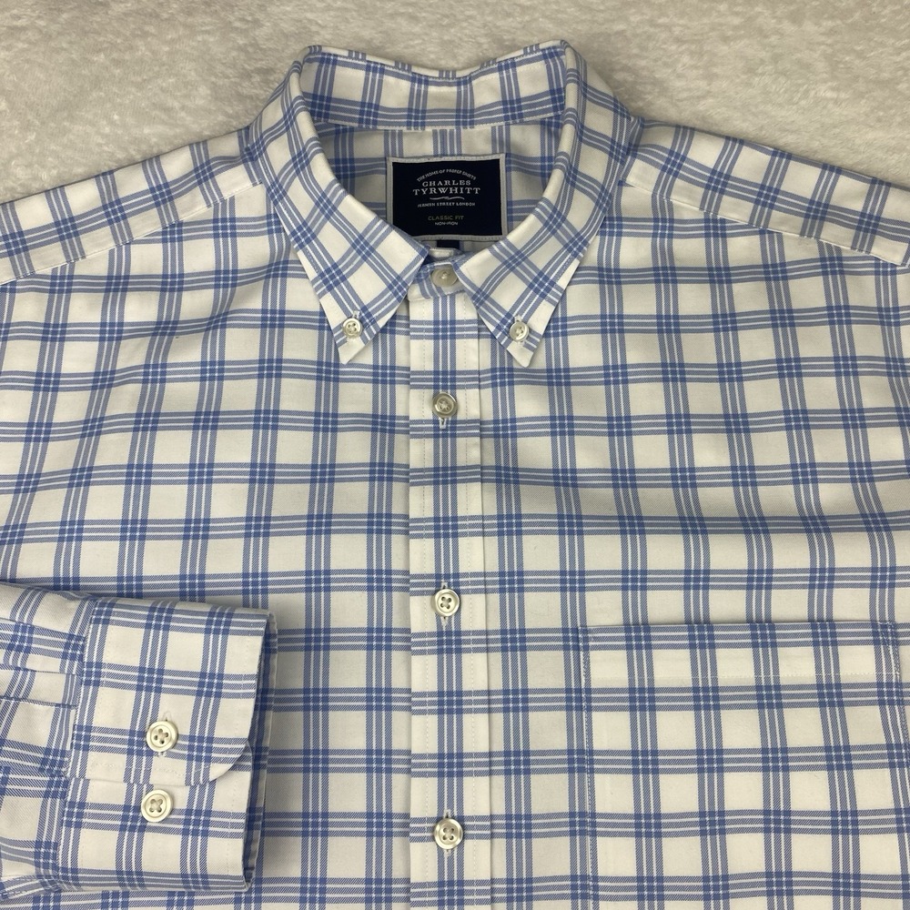 Charles Tyrwhitt Dress Shirt Mens Large Blue/White Checks Classic Fit No Iron